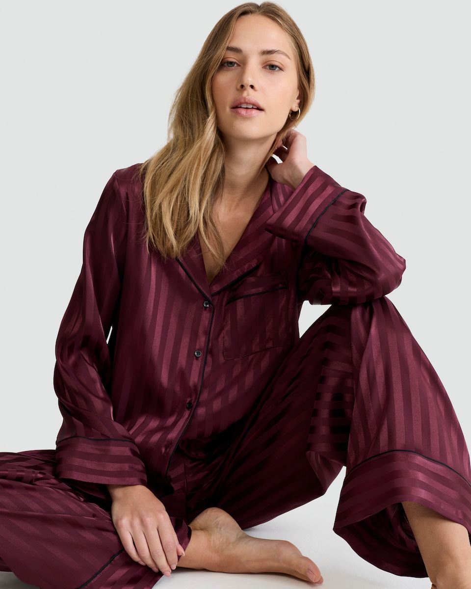 image 1 of F&F CoolEase™ Satin Stripe Print Shirt and Trousers Pyjamas in Purple