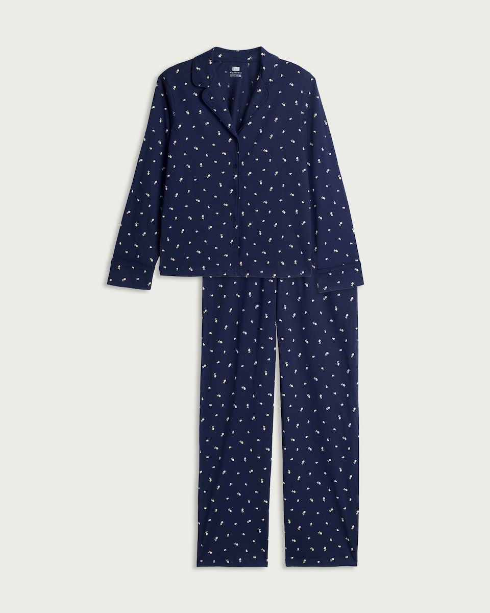 image 1 of F&F Pure Cotton Floral Print Revere Pyjama Set in Navy