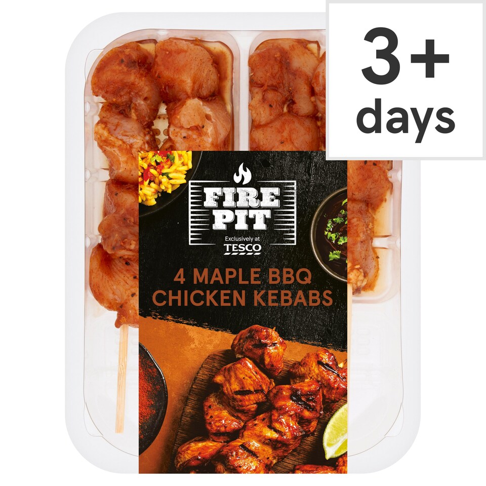 Tesco Fire Pit 4 Maple Bbq Chicken Kebabs 260G Tesco Groceries