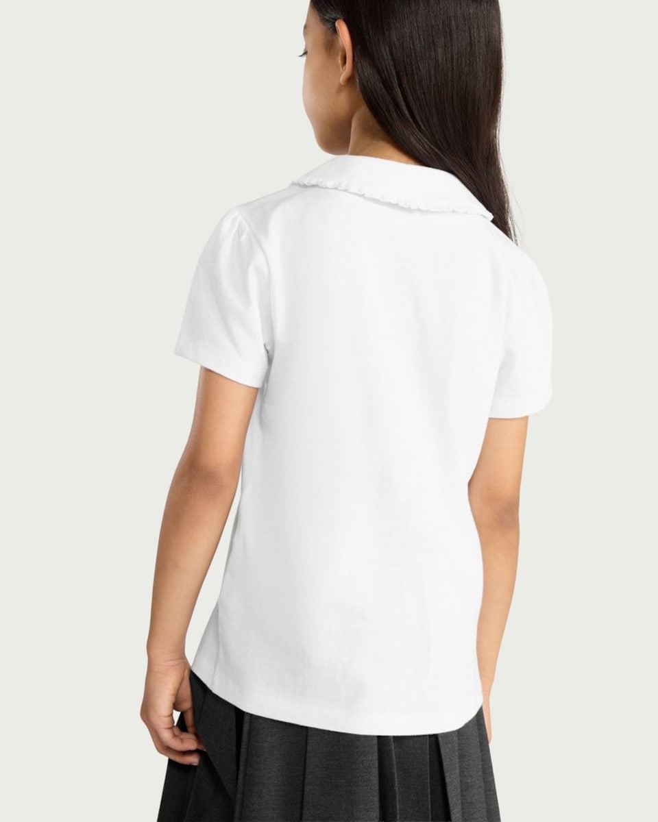 image 1 of F&F Girls School Pure Cotton Frill Collar Polo Shirt in White
