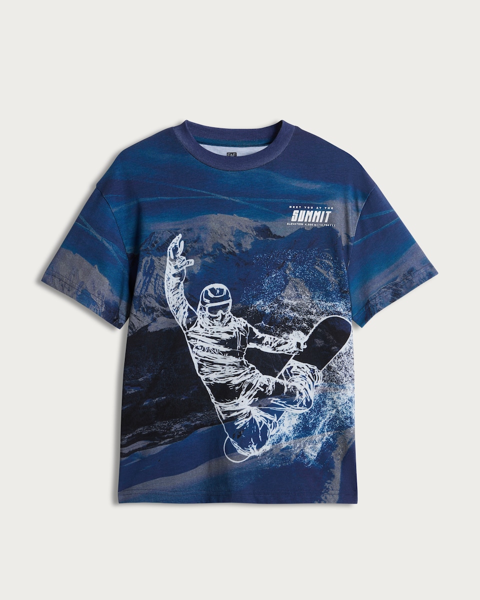 image 1 of F&F Active Pure Cotton Snowboarder Summit T-Shirt in Navy