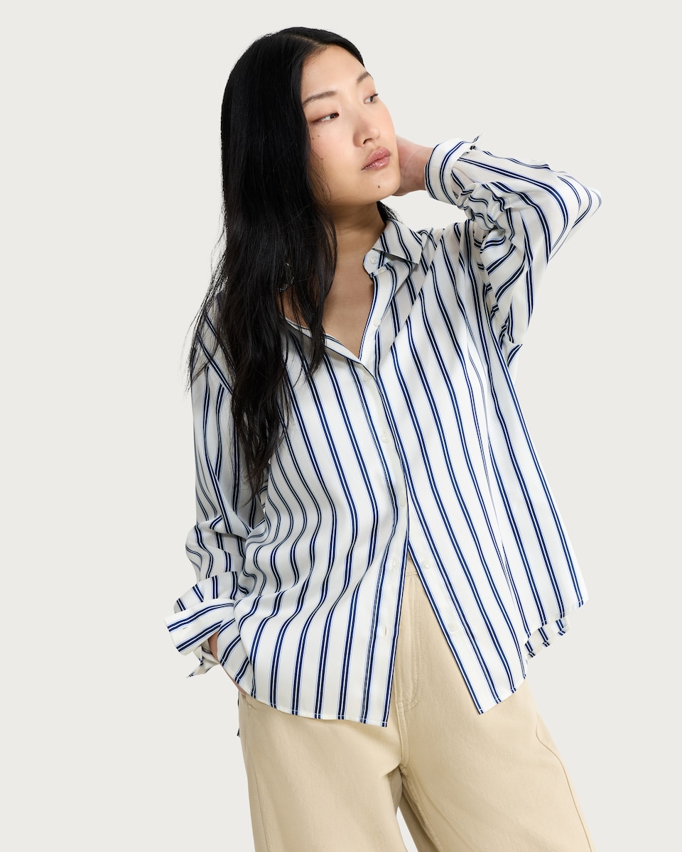 image 1 of F&F Satin Stripe Print Button Up Shirt in Cream