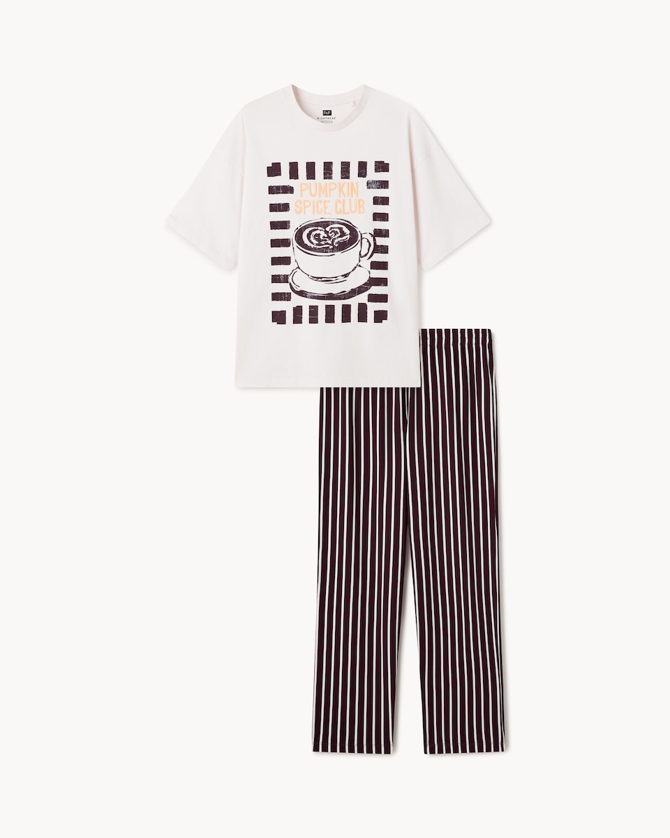 image 1 of F&F Pure Cotton Pumpkin Spiced Latte Pyjama Set in Cream