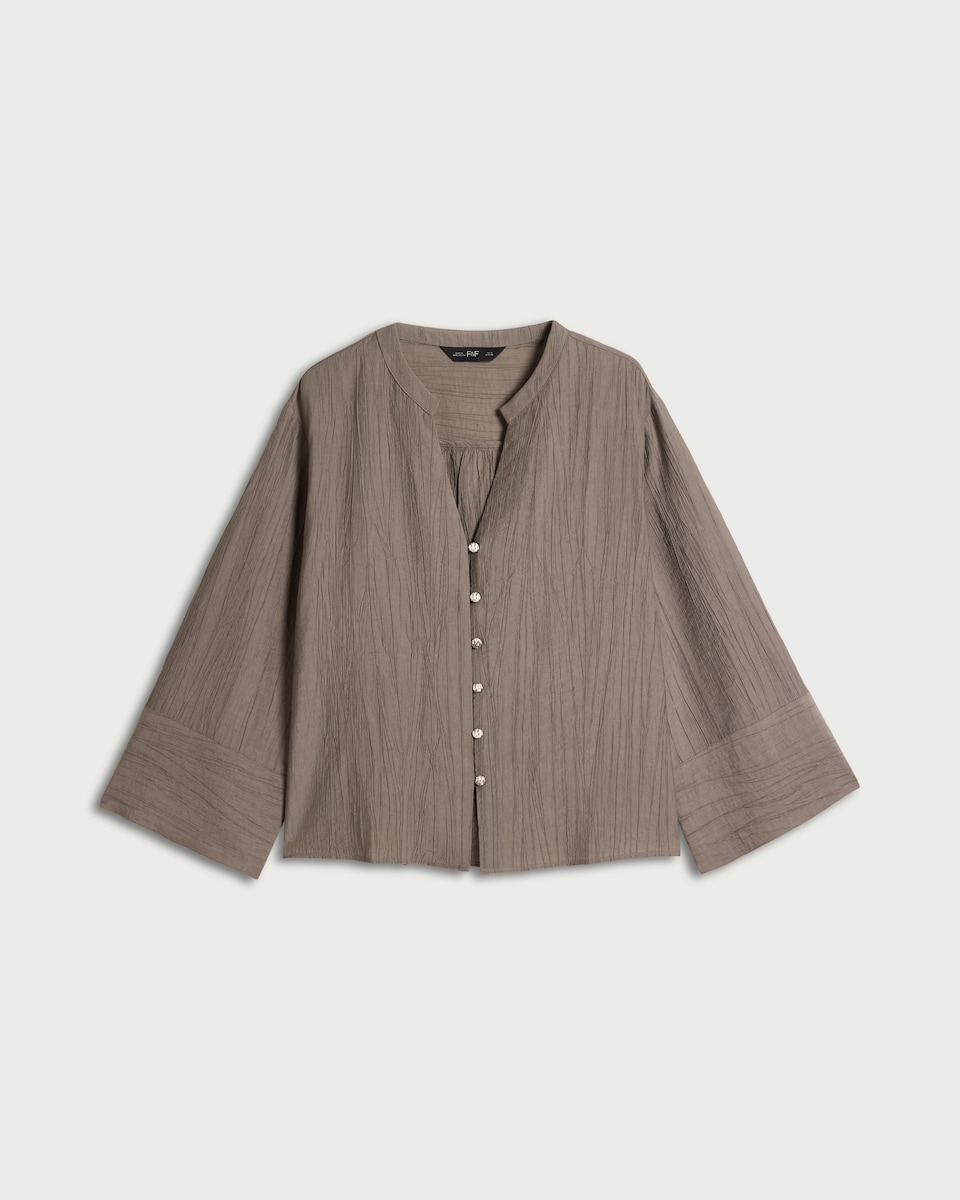 image 1 of F&F Textured Button Up V Neck Blouse in Brown