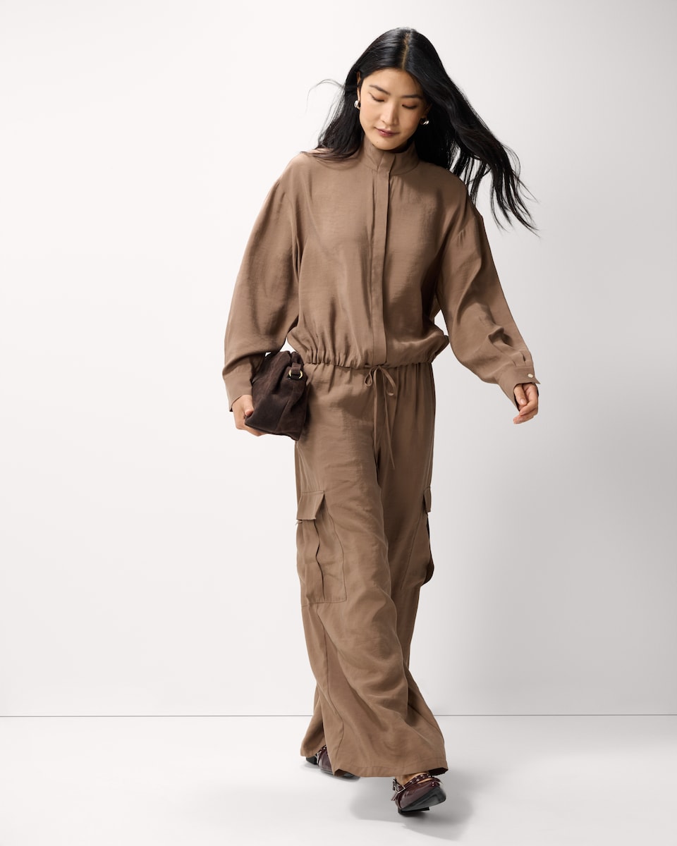 image 1 of F&F Modal Rich Funnel Neck Zip Up Jacket in Chocolate