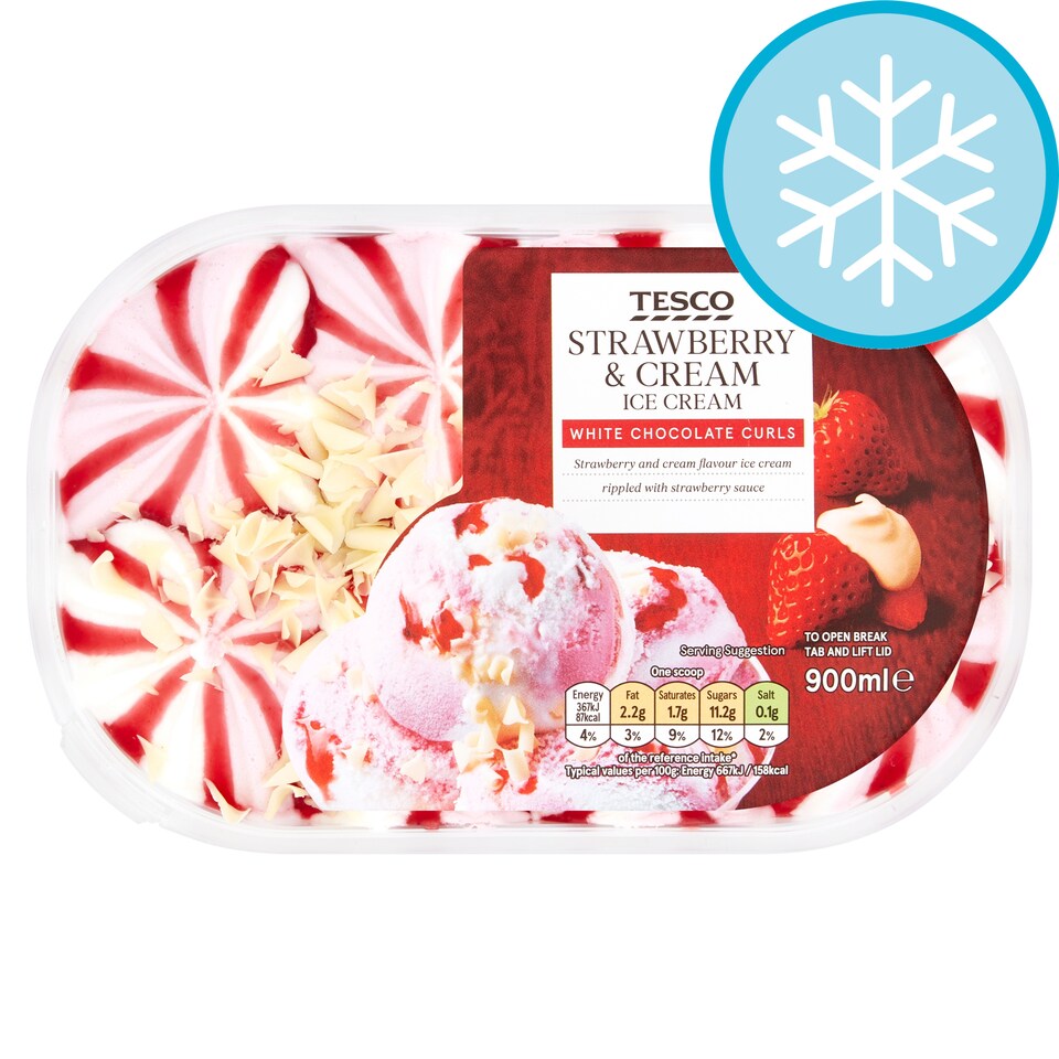 image 1 of Tesco Strawberry & Cream Ice Cream Tub 900Ml