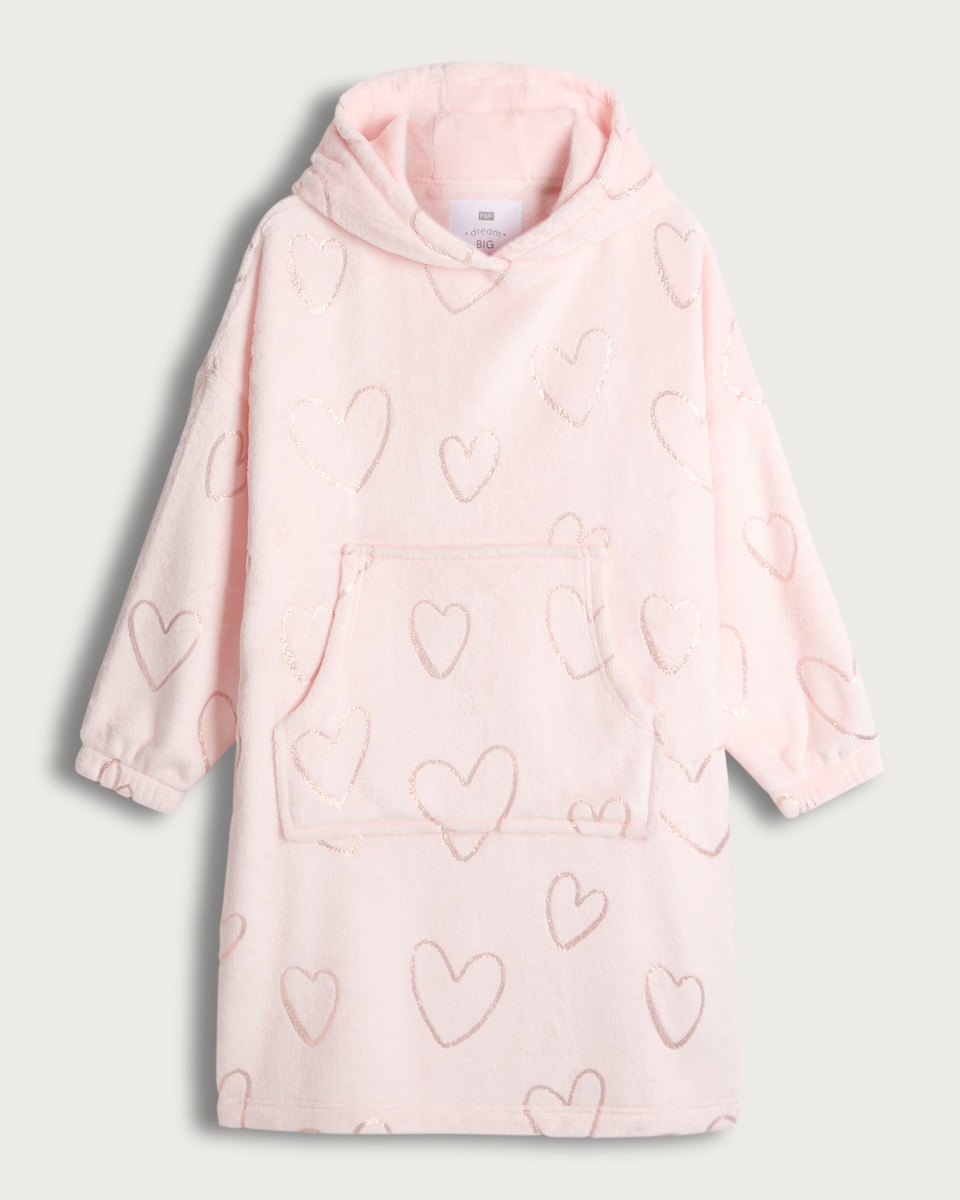 image 1 of F&F Girls Fleece Heart Print Longline Pyjama Hoodie in Multi