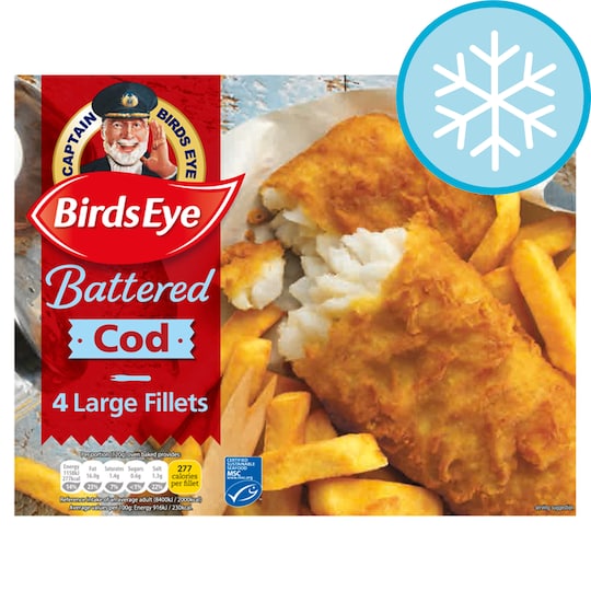 Birds Eye 4 Large Cod Fillets Battered 480G Tesco Groceries