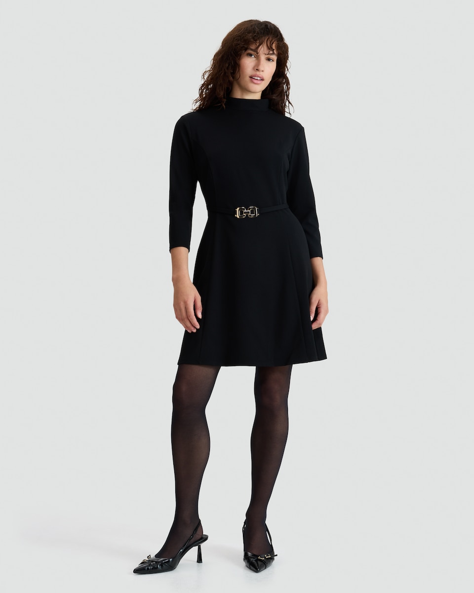 image 1 of F&F High Neck Belted Dress in Black