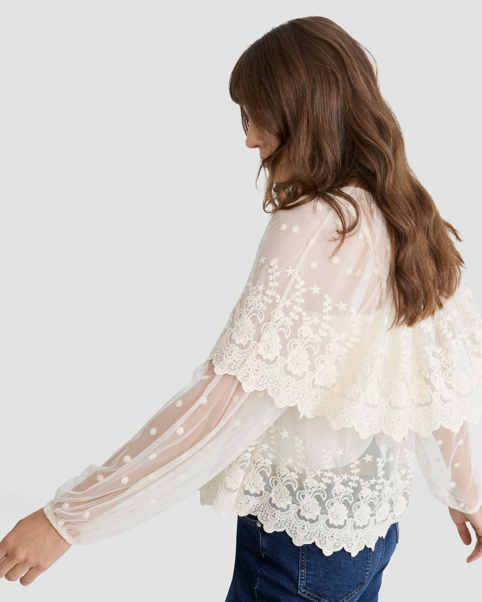 image 1 of F&F Embroidered Sheer Long Sleeved Blouse in Ivory