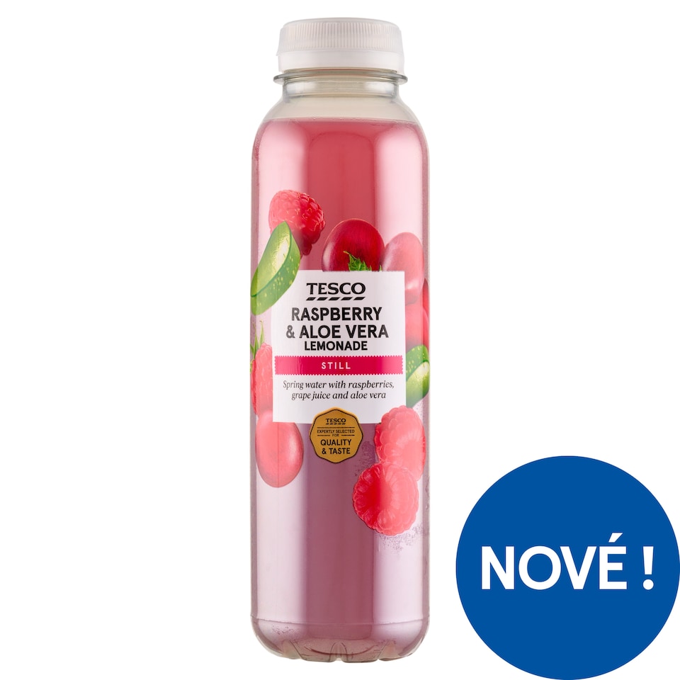 Tesco Nesycený ovocný nápoj s malinovým pyré, hroznovou šťávou, kousky aloe vera 400ml