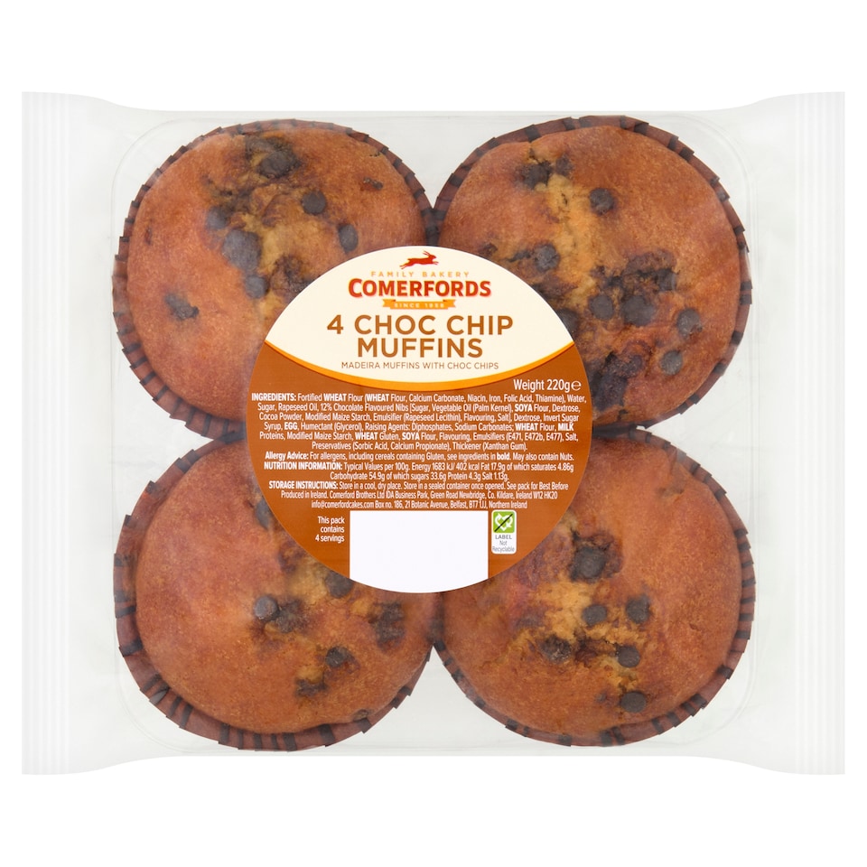 Comerfords 4 Choc Chip Muffins 220g