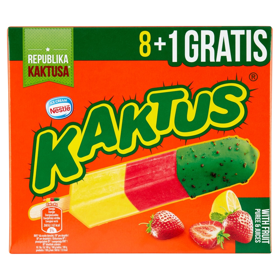 image 1 of Kaktus Lemon Flavored Water Ice Cream and Strawberry Sorbet with Green Coating 9 pcs 405 ml