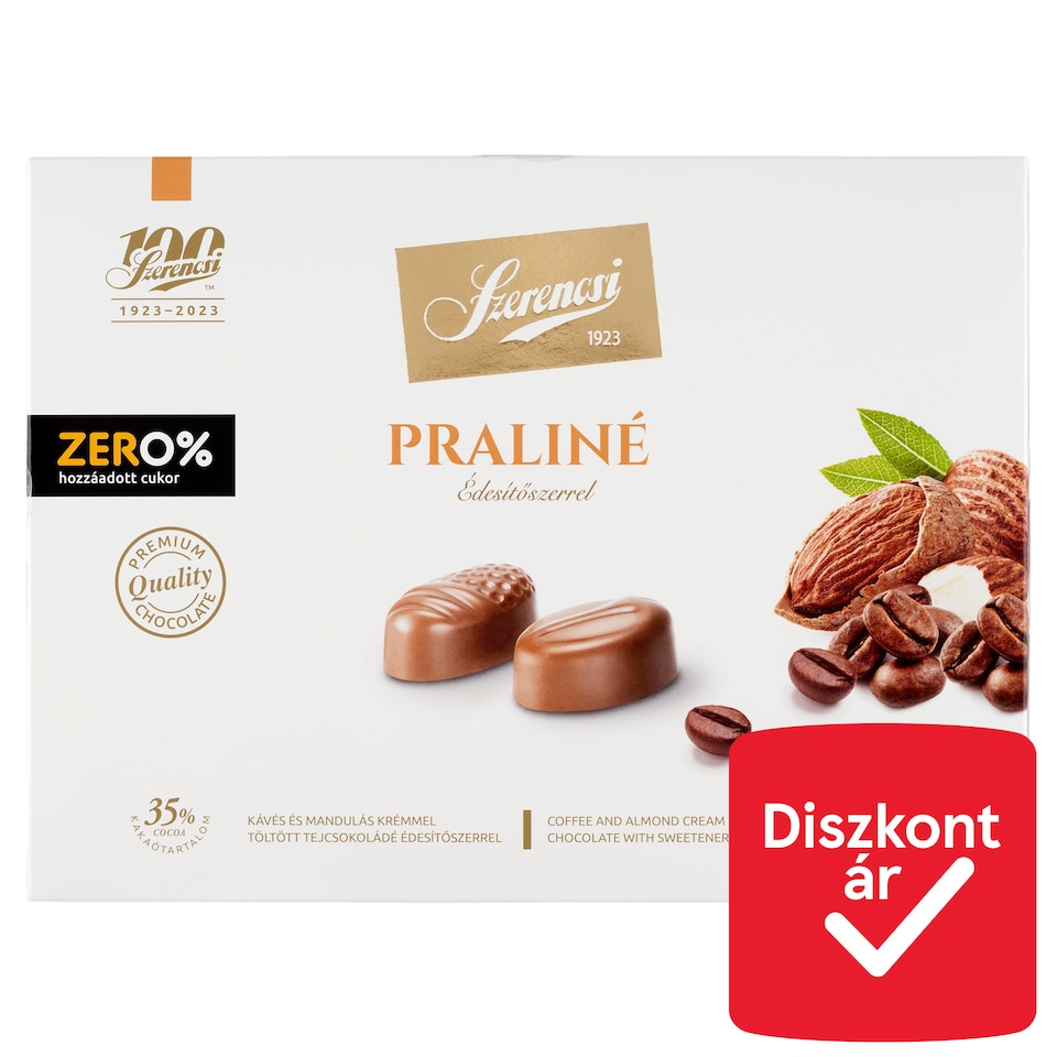 Szerencsi Zero% praliné kávés és mandulás krémmel töltött tejcsokoládé édesítőszerrel 105 g  1. kép