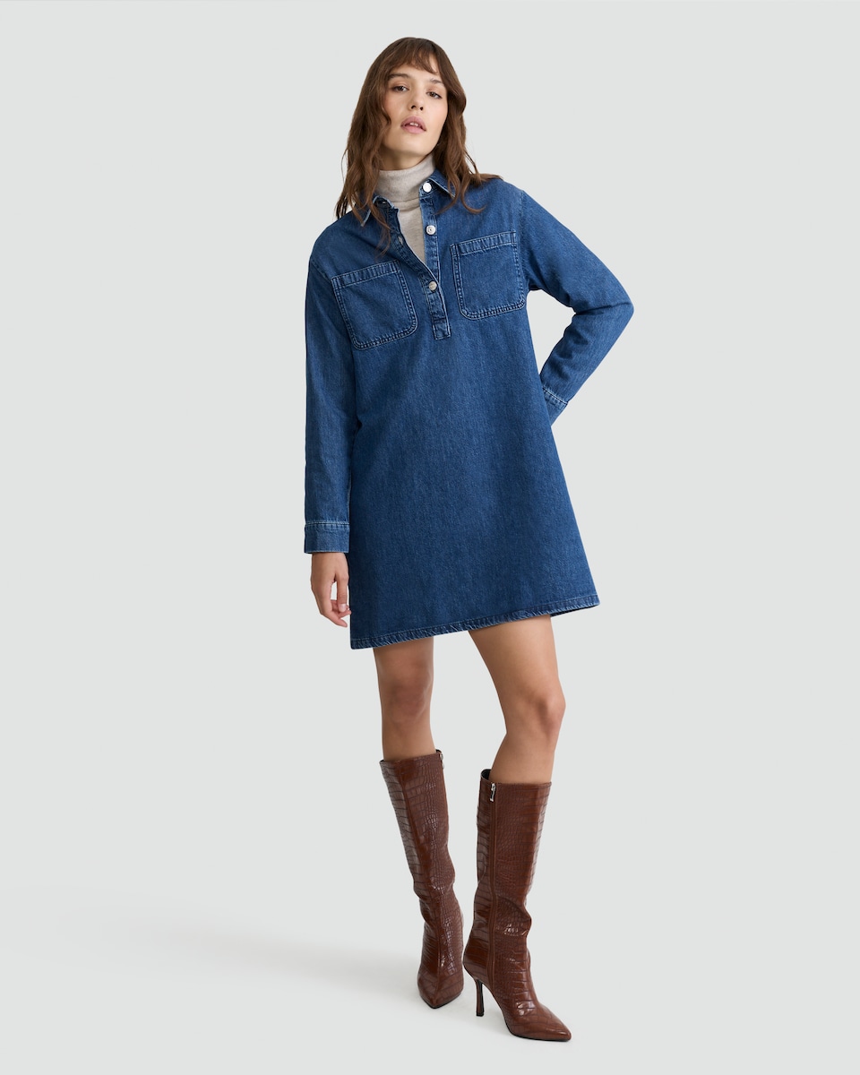 image 1 of F&F Pure Cotton Collared Denim Shirt Dress in Navy