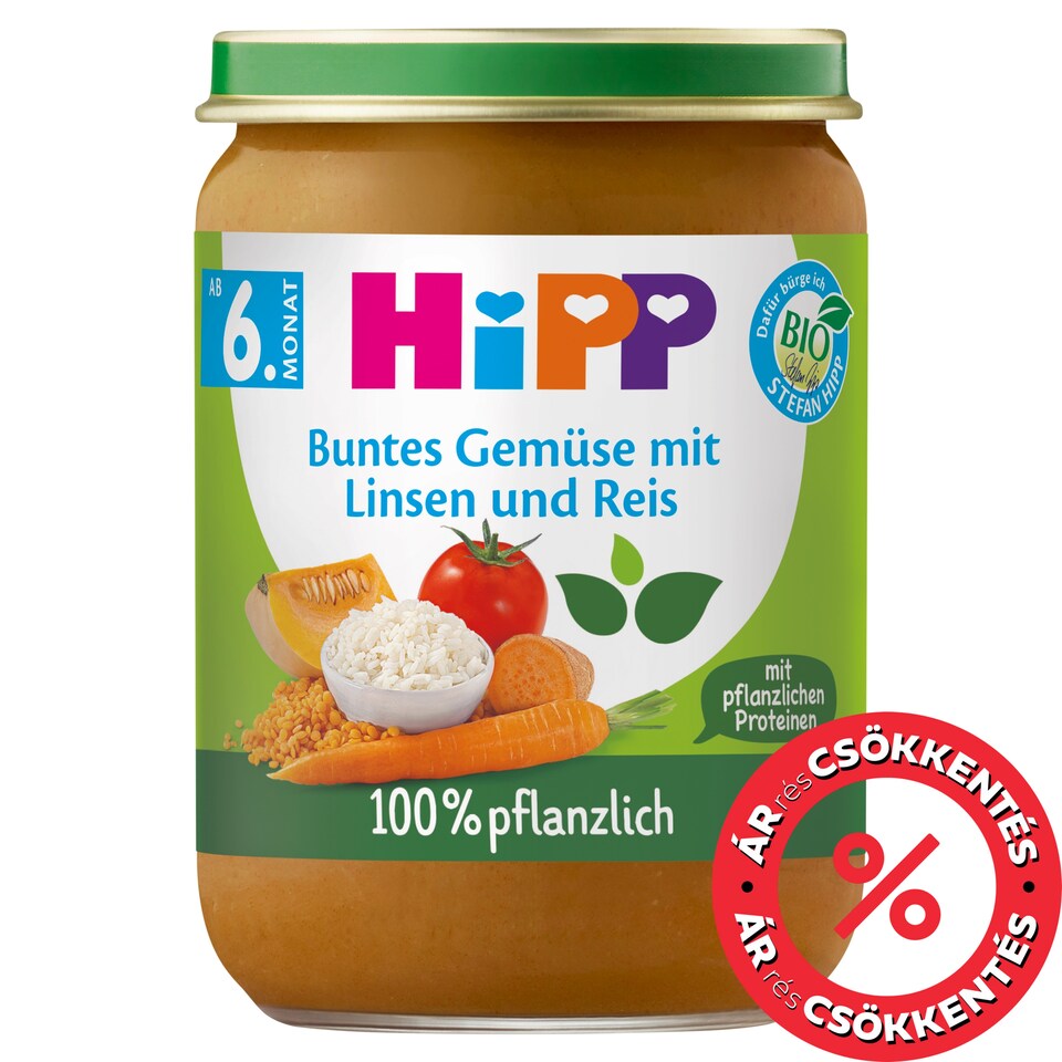 HiPP bio zöldségek lencsével, zöldséggel és rizzsel bébiétel 6 hónapos kortól 190 g