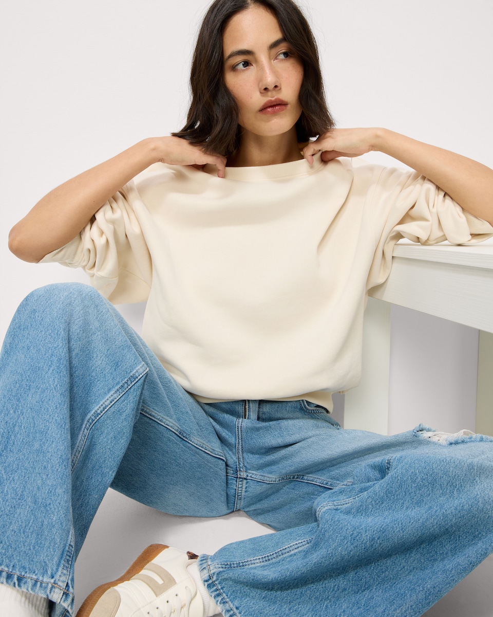 image 1 of F&F Cotton Rich Balloon Sleeved Sweatshirt in Cream