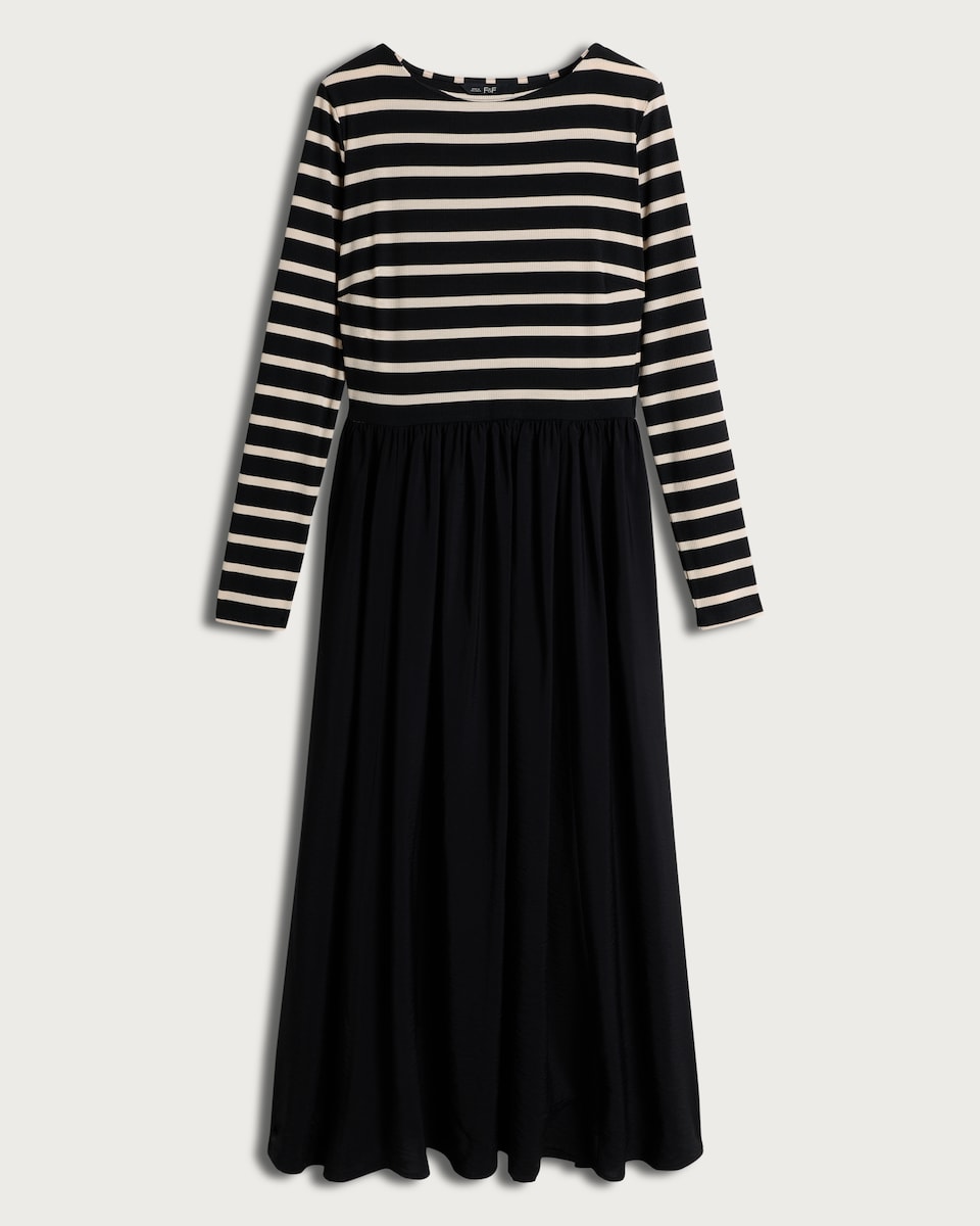 image 1 of F&F Stripe Print Long Sleeved Midi Dress in Multi Black