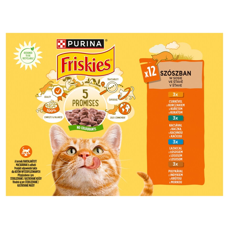Friskies kapsičky pro kočky kuře, kachna, losos, krůta ve šťávě 12 x 85g