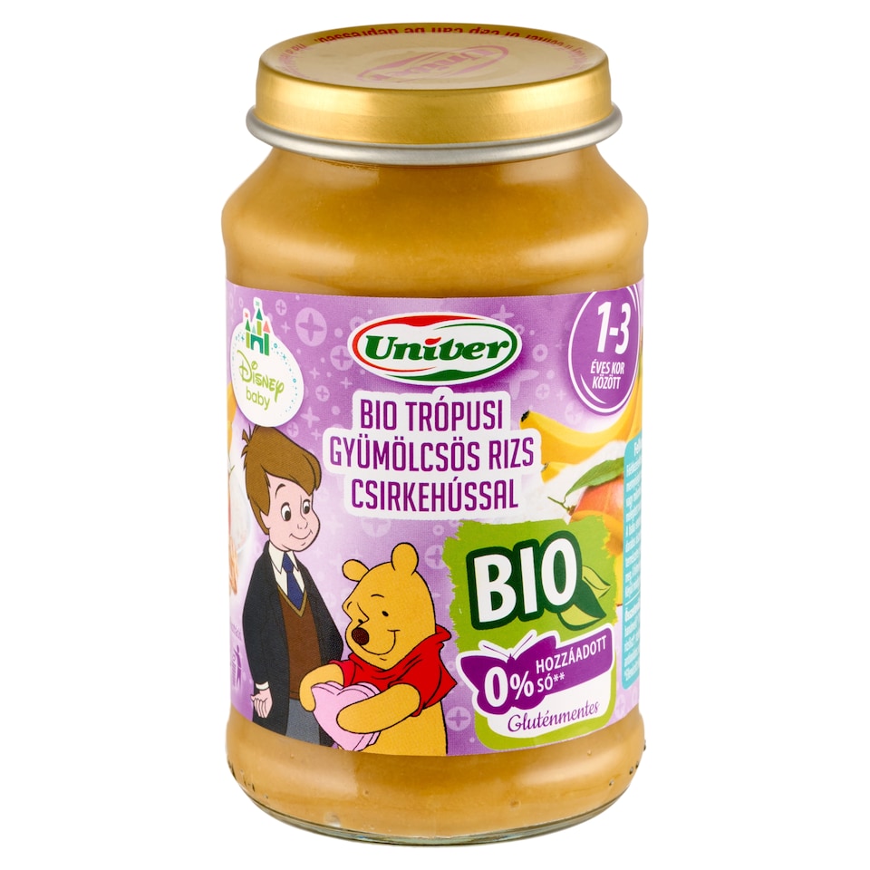Univer Disney Baby bio trópusi gyümölcsös rizs csirkehússal bébiétel, 12 hónapos kortól 220 g  1. kép