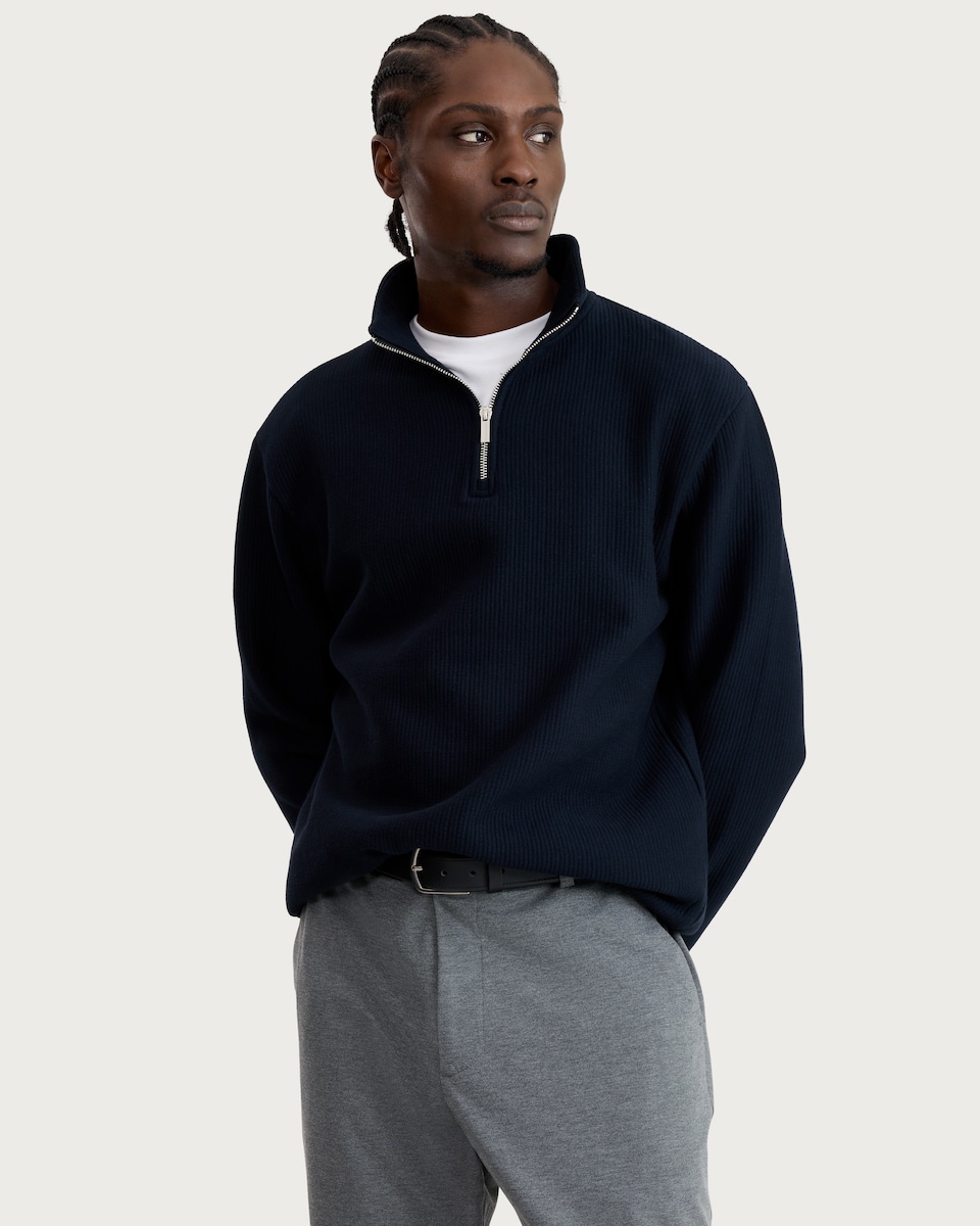 image 1 of F&F Cotton Rich Ribbed High Neck Half Zip Sweatshirt in Navy