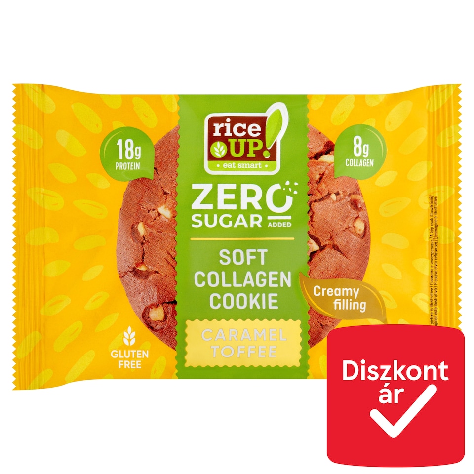 RiceUp! Zero kollagénes fehérje keksz karamell ízű töltelékkel hozzáadott cukor nélkül 60 g   1. kép