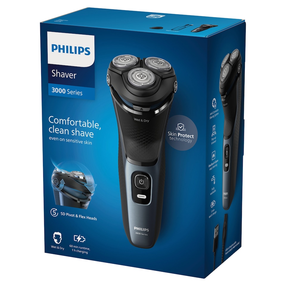 Philips Series 3000 Wet & Dry Electric Shaver, with 5D Flex Pivot heads and Pop-up trimmer-S3144/00