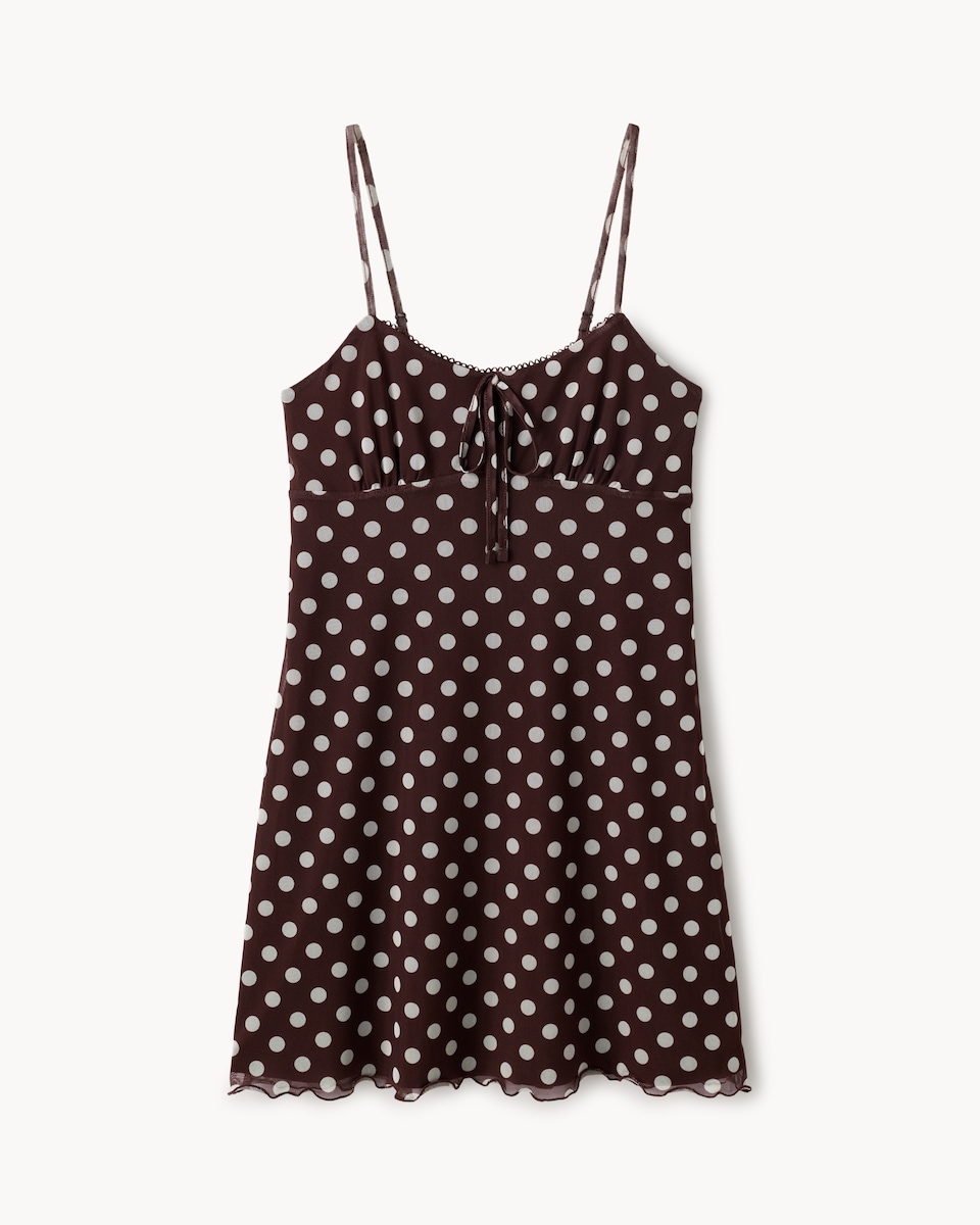 image 1 of OH ME OH MY Mesh Polka Dot Mini Dress in Chocolate