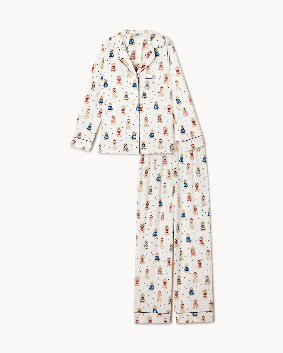 image 1 of Christmas Fleece Dog Revere Pyjama Set in Multi White
