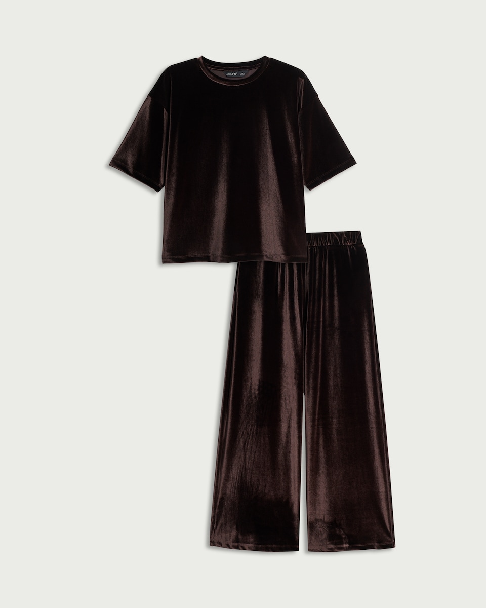 image 1 of F&F Velour Pyjama Set in Chocolate