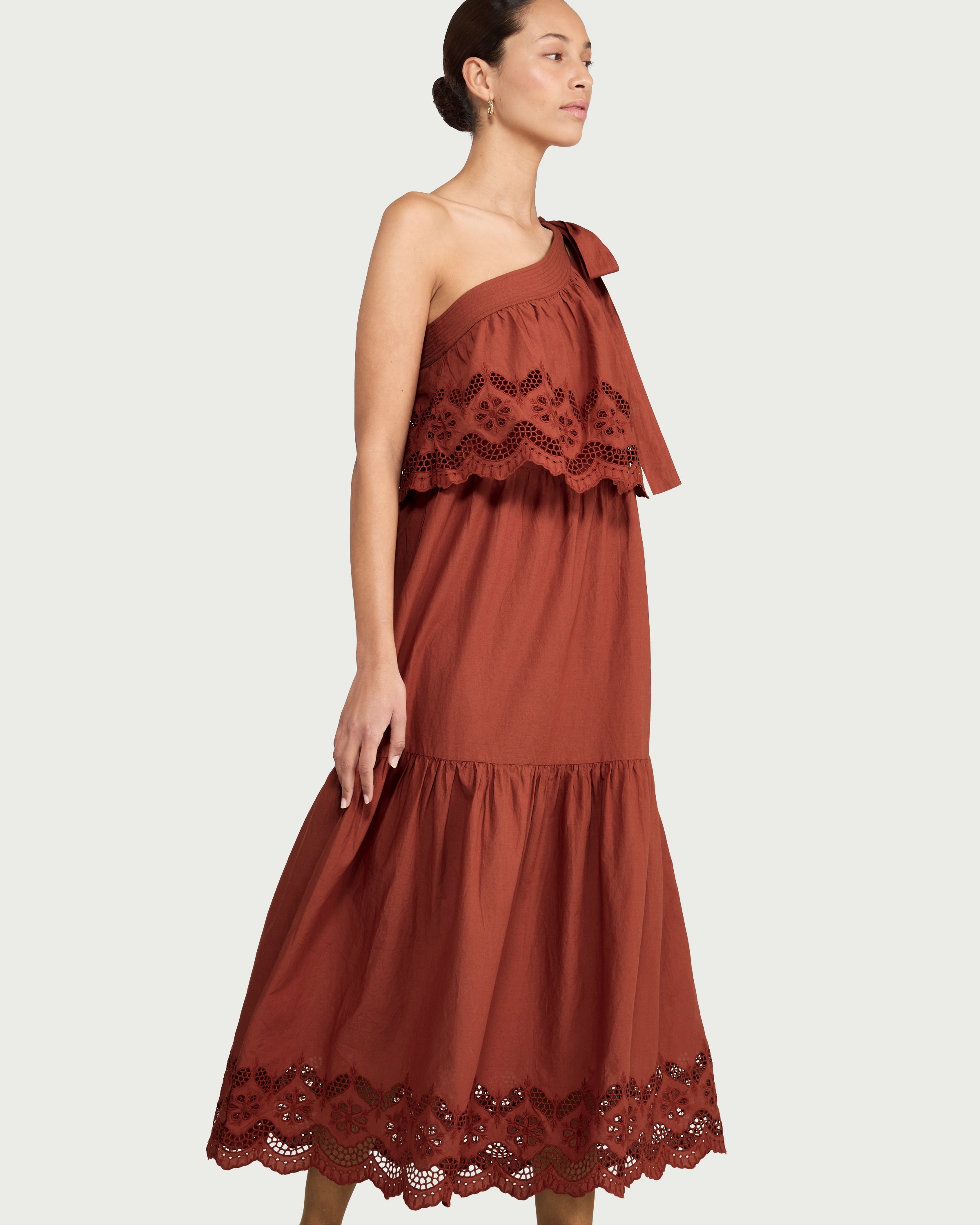The F&F Edit Pure Cotton Embroidered One Shoulder Maxi Dress in Red