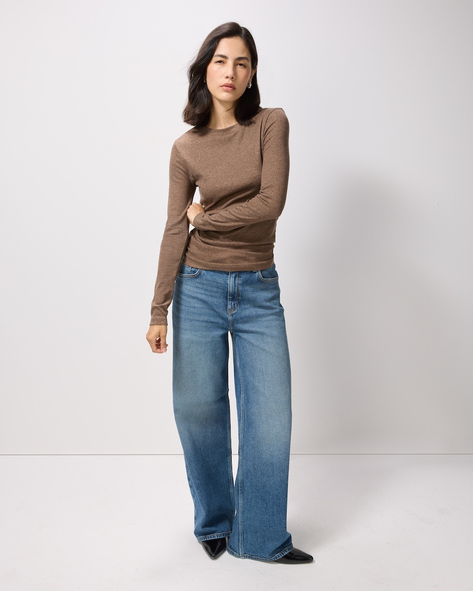 image 1 of F&F Cotton Rich Ribbed Long Sleeved Top in Neutral