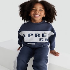 F&F Boys 2-Piece Cotton Rich Colour Block Après Ski Sweatshirt and Joggers Set in Navy