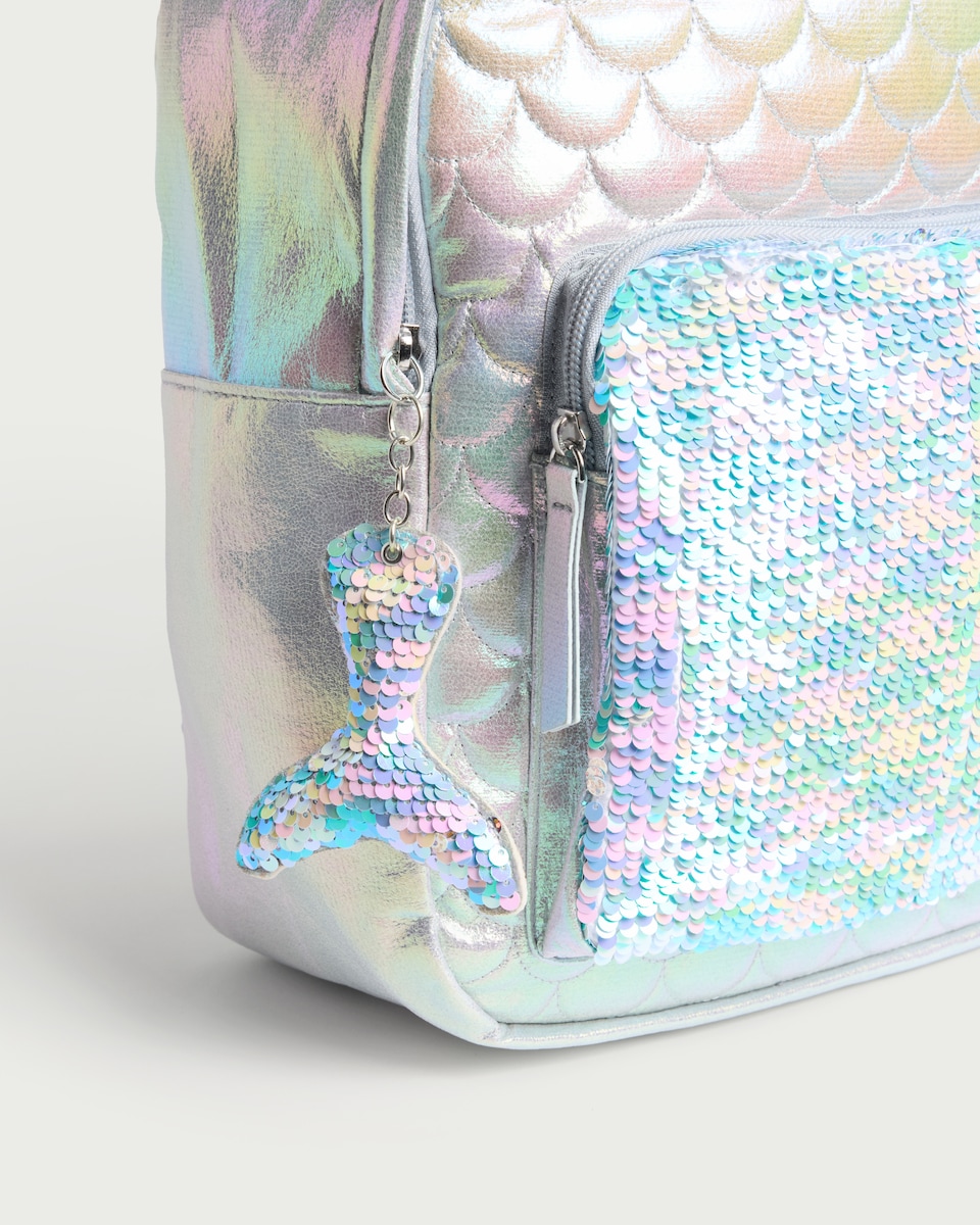 image 1 of F&F Girls Mermaid Sequin Backpack in Silver