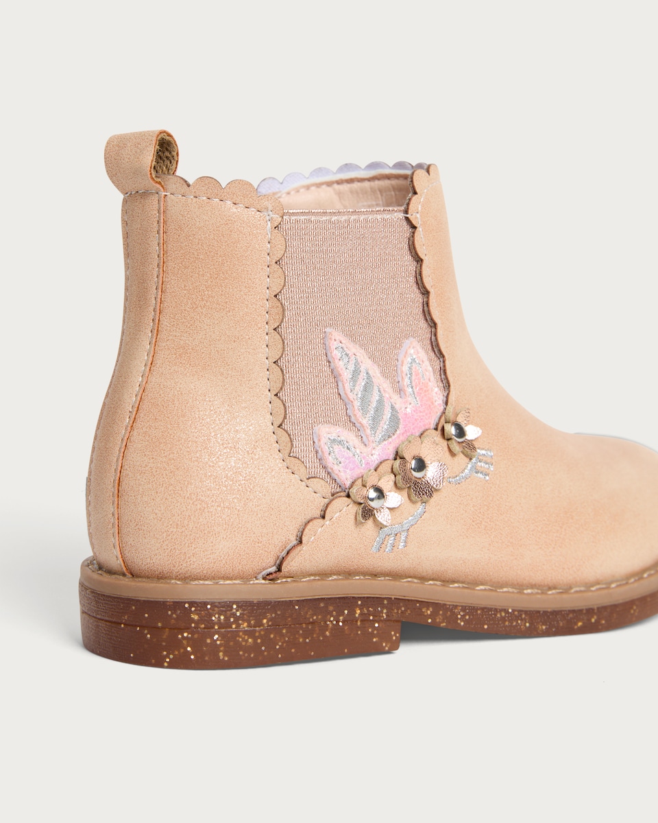 image 1 of F&F Girls Unicorn Embroidered Ankle Boots in Pink