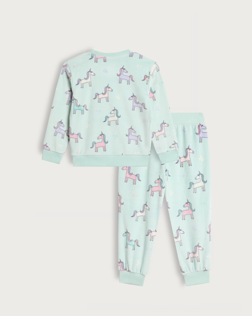 image 1 of F&F Girls Fleece Unicorn Print Pyjama Set in Green Multi