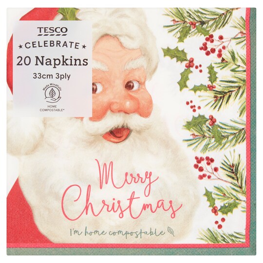 Tesco Traditional Santa Napkin 33Cm 3Ply 20 Pack Tesco Groceries