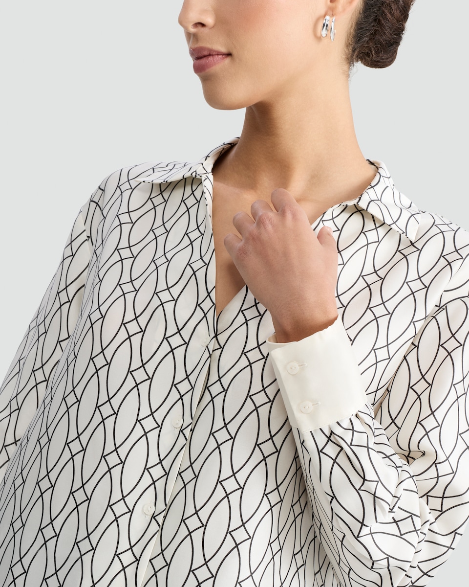 image 1 of F&F Satin Geometric Print Button Up Shirt in Cream