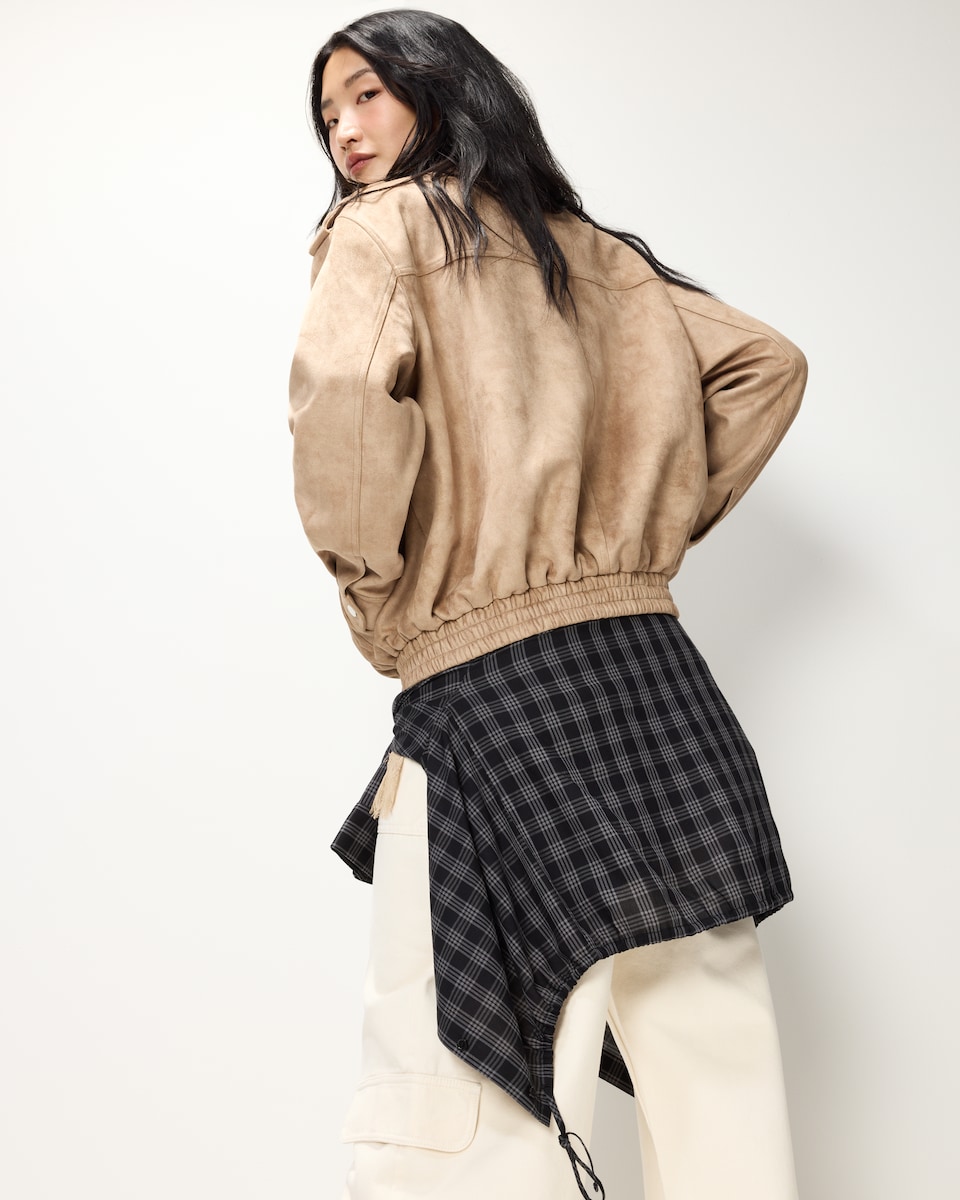image 1 of F&F Faux Suede Funnel Neck Jacket in Med Nude