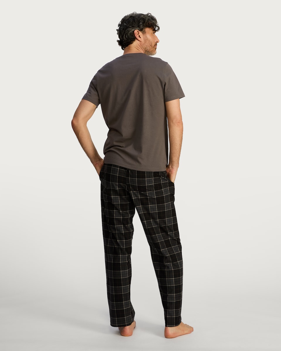 image 1 of F&F Check Print Fleece Bottom Pyjama Set in Brown