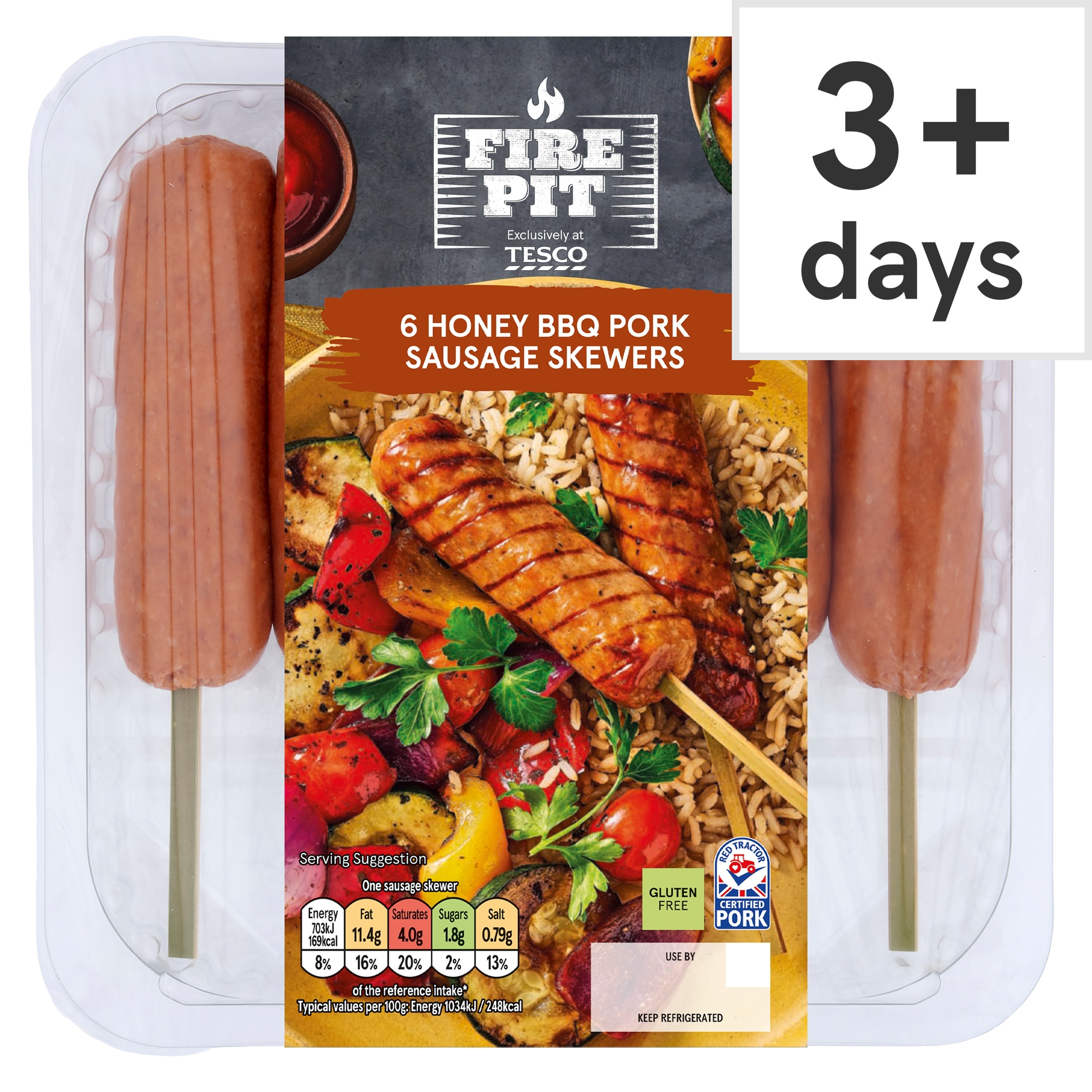 Tesco FIRE PIT 6 Honey BBQ Pork Sausage Skewers 450g