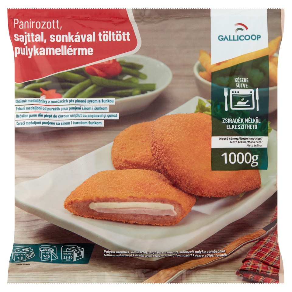Gallicoop gyorsfagyasztott panírozott, sajttal, sonkával töltött pulykamellérme 1000 g  1. kép