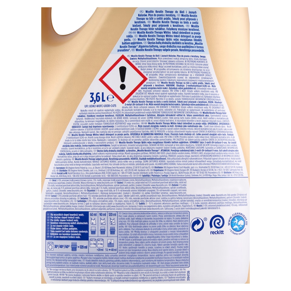 image 1 of Woolite Keratin Therapy tekutý prací prípravok s keratínom na bielu a svetlú bielizeň 60 praní 3,6 l