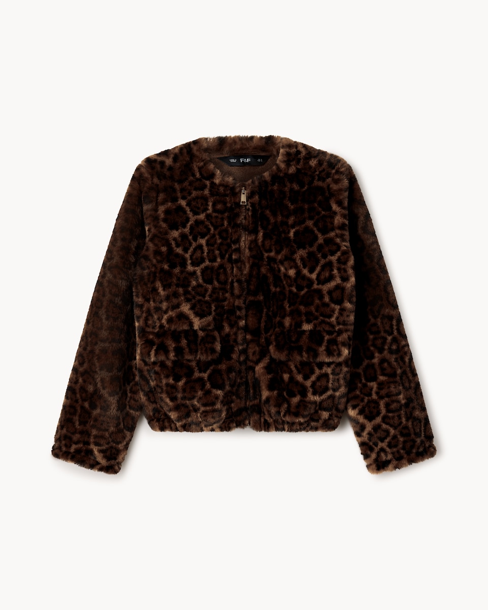 image 1 of F&F Faux Fur Zip Up Short Jacket in Multi Brown