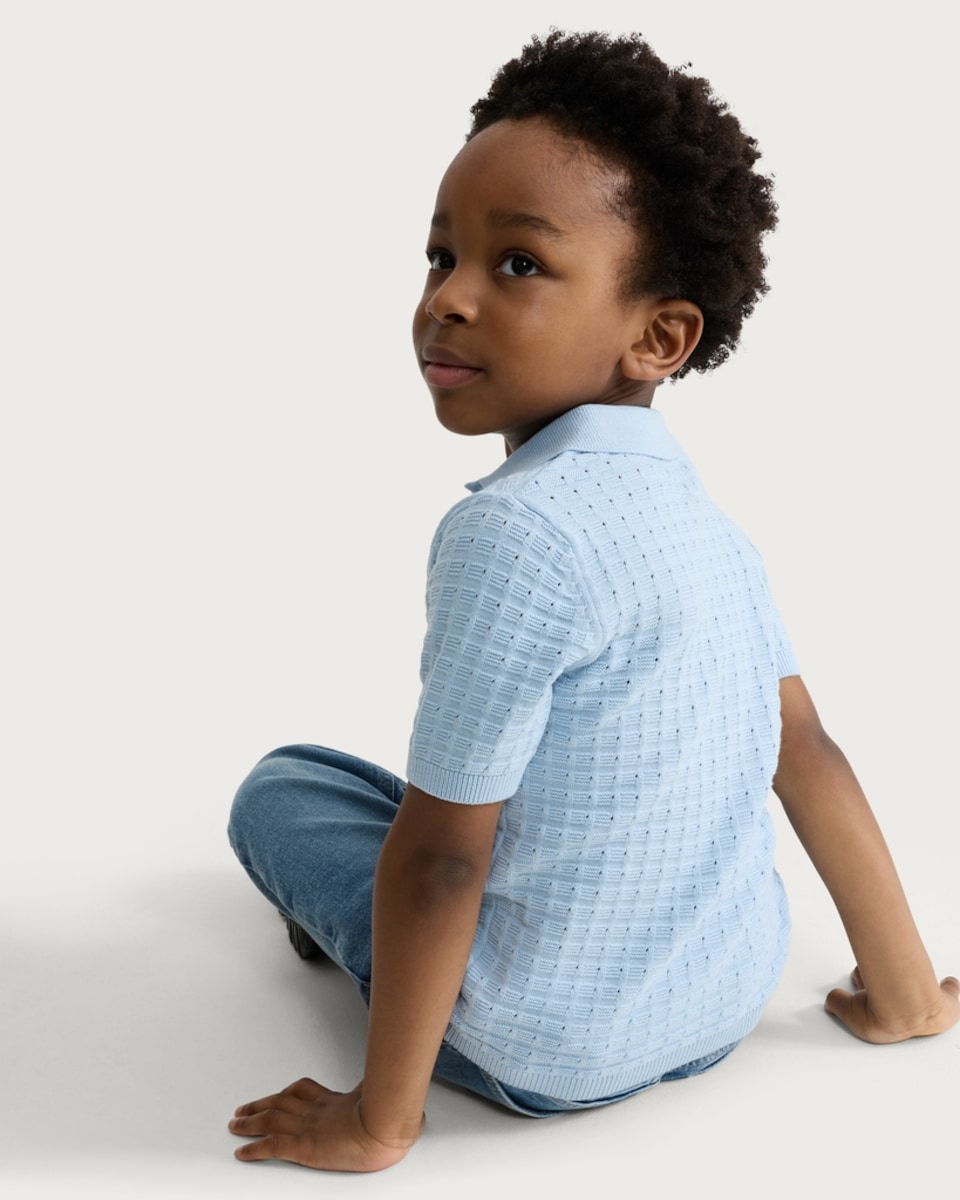 image 1 of F&F Boys Pure Cotton Textured Knitted Polo Shirt in Blue
