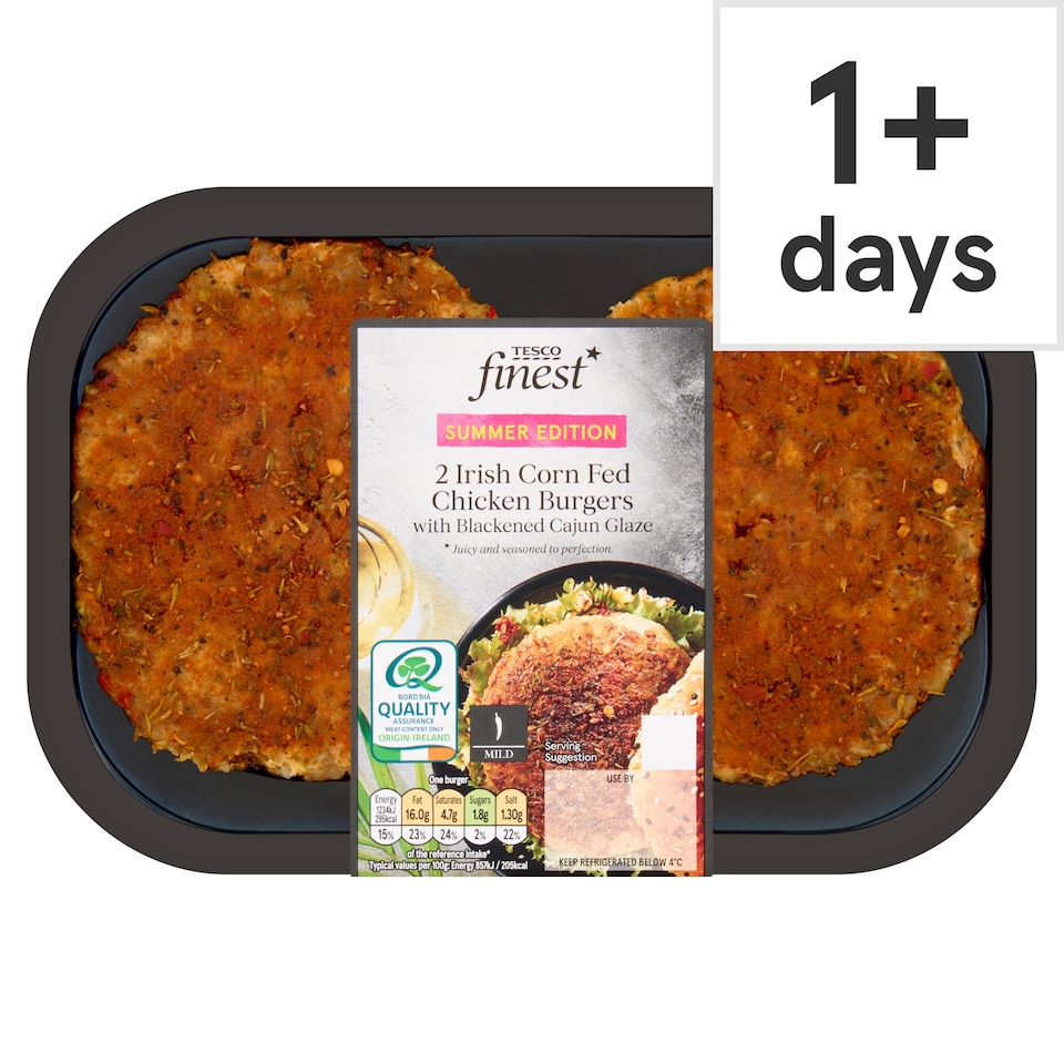 Tesco Finest 2 Irish Corn Fed Chicken Burgers with Blackened Cajun Glaze 360g