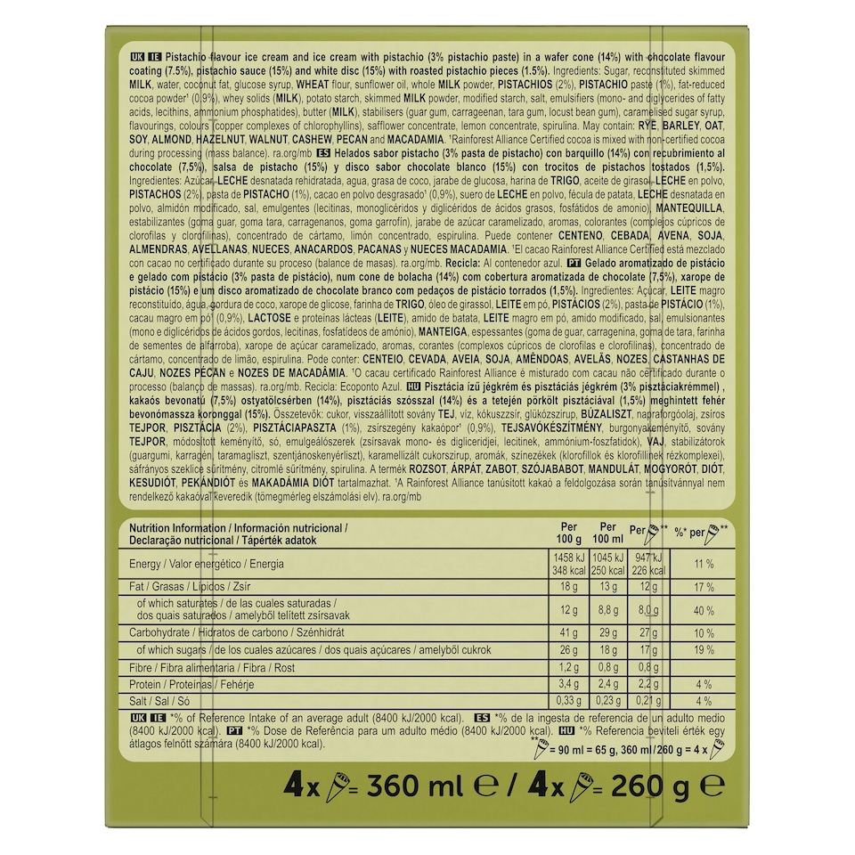 image 1 of Cornetto Max Pistachio Ice Cream Cone 4x90ml