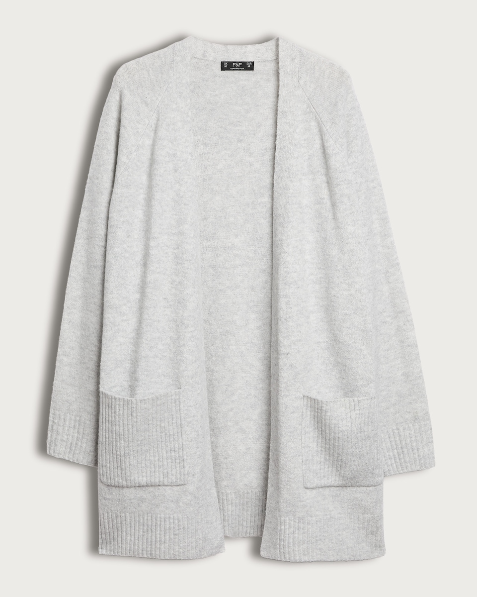 image 1 of F&F Patch Pocket Open Front Cardigan with Wool in Silver