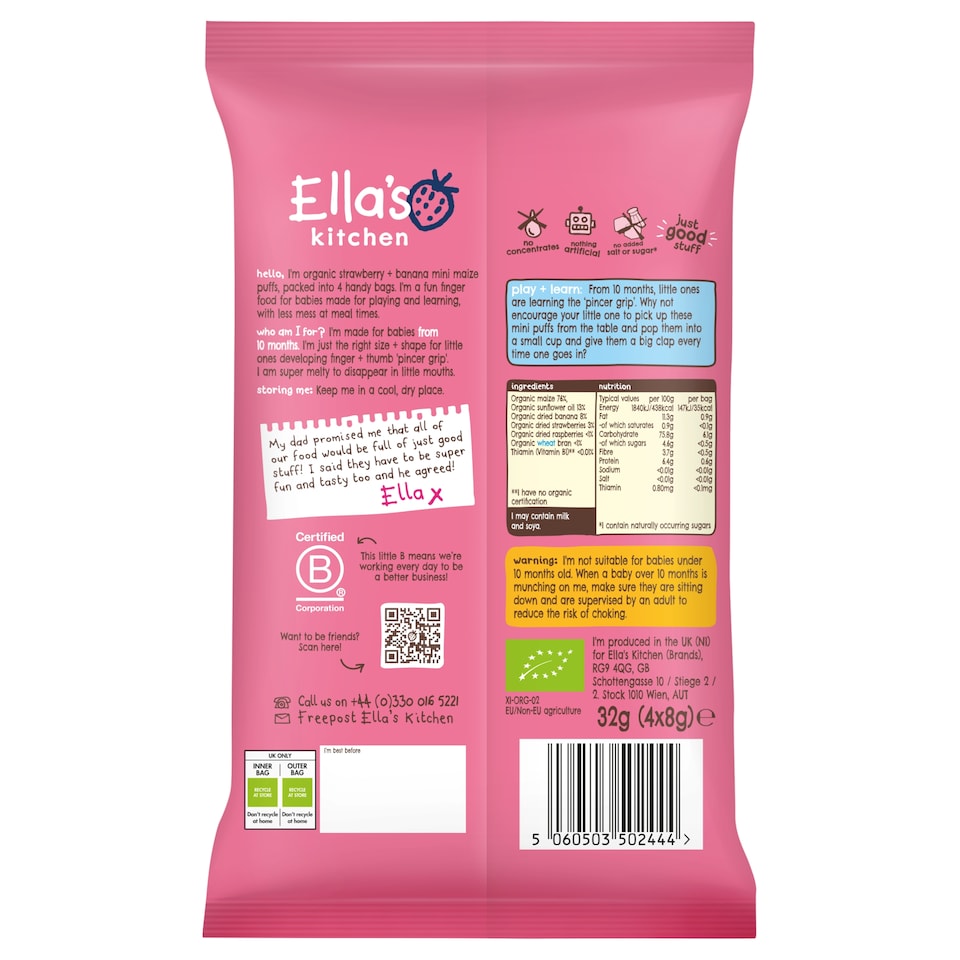 image 1 of Ella's Kitchen Organic Strawberry & Banana Mini Puffs 4X8g