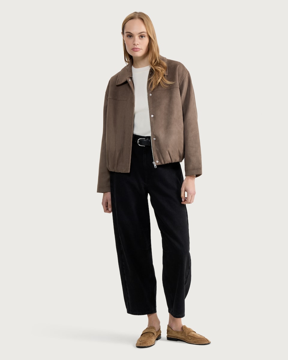 image 1 of F&F Faux Suede Bubble Hem Zip Up Jacket in Khaki